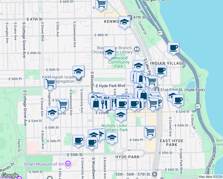 map of restaurants, bars, coffee shops, grocery stores, and more near 5110 South Kenwood Avenue in Chicago