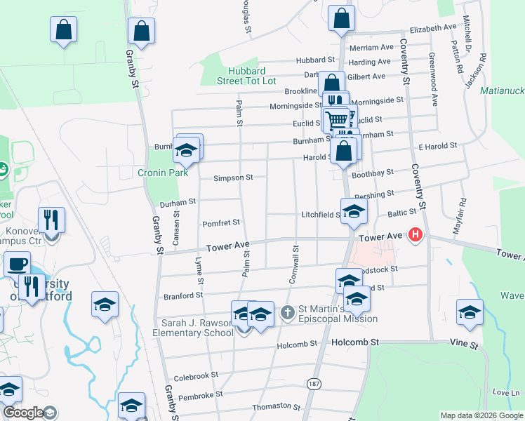 map of restaurants, bars, coffee shops, grocery stores, and more near 95 Hartland Street in Hartford