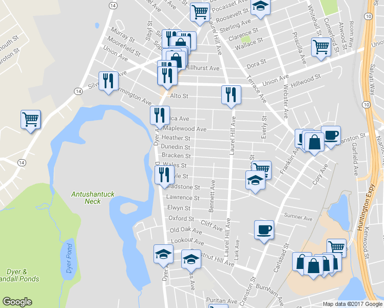 map of restaurants, bars, coffee shops, grocery stores, and more near 364 Princess Avenue in Cranston