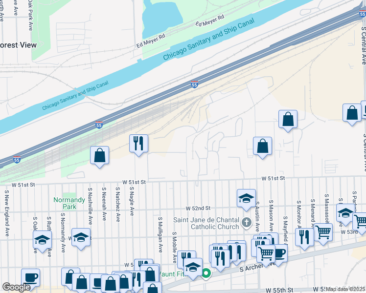 map of restaurants, bars, coffee shops, grocery stores, and more near 5063 South Merrimac Avenue in Chicago