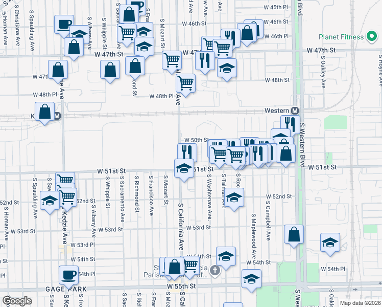 map of restaurants, bars, coffee shops, grocery stores, and more near 5026 South Fairfield Avenue in Chicago