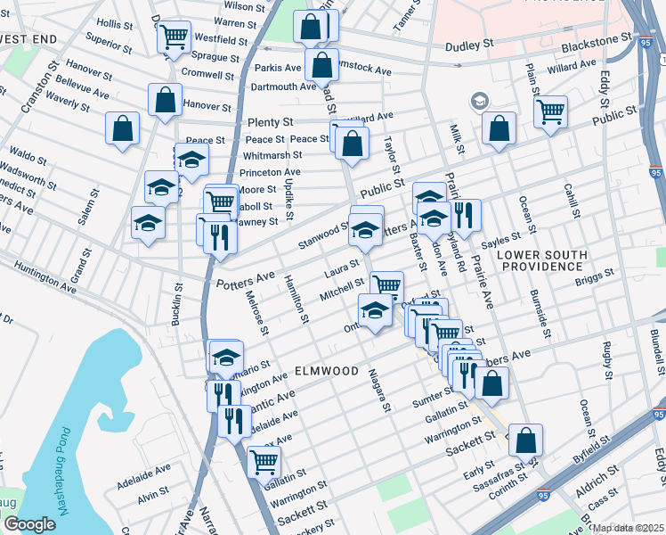 map of restaurants, bars, coffee shops, grocery stores, and more near 51 Niagara Street in Providence
