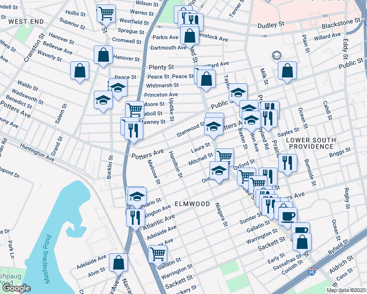 map of restaurants, bars, coffee shops, grocery stores, and more near 51 Niagara Street in Providence