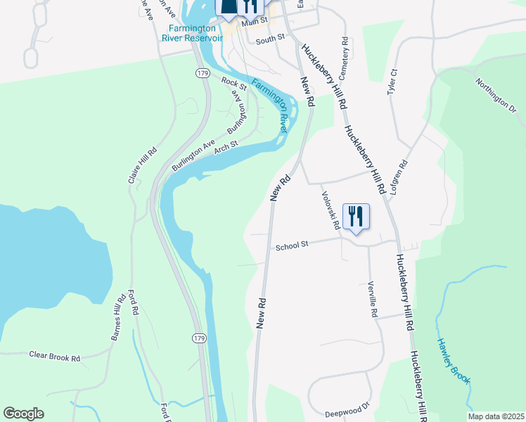 map of restaurants, bars, coffee shops, grocery stores, and more near 79 New Road in Avon