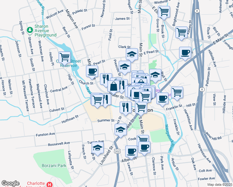 map of restaurants, bars, coffee shops, grocery stores, and more near 136 Water Street in Torrington