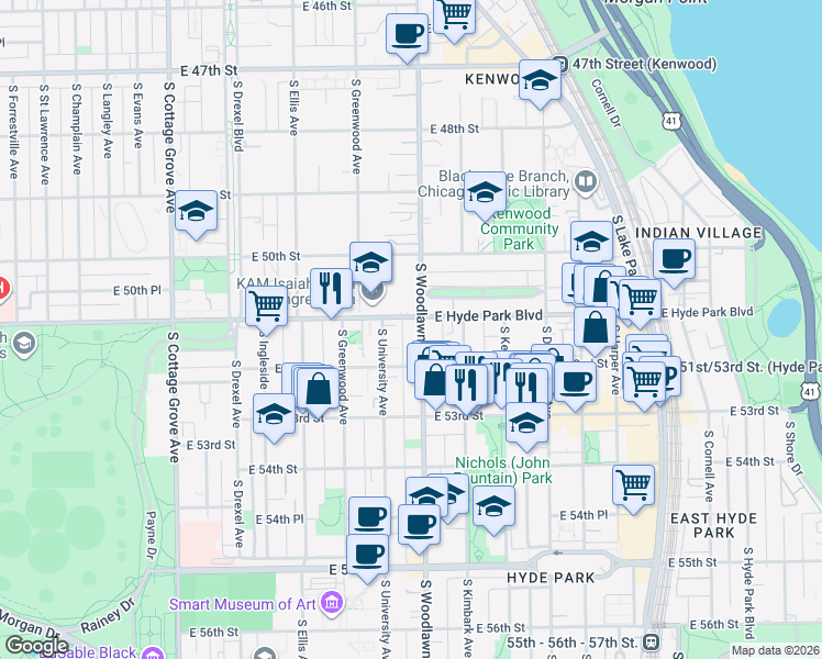 map of restaurants, bars, coffee shops, grocery stores, and more near 5110 South Woodlawn Avenue in Chicago