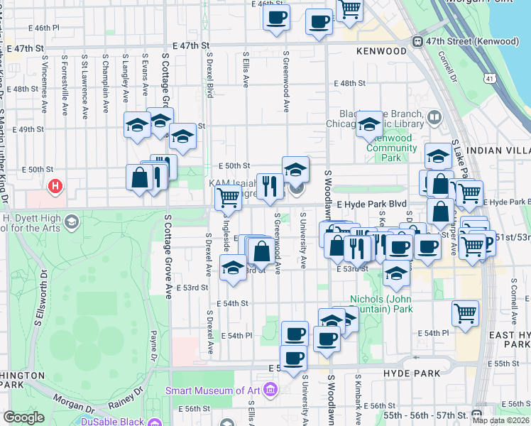 map of restaurants, bars, coffee shops, grocery stores, and more near 1031 East Hyde Park Boulevard in Chicago