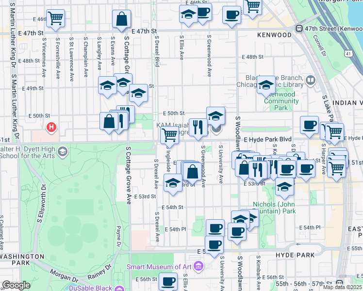 map of restaurants, bars, coffee shops, grocery stores, and more near 5100 South Ellis Avenue in Chicago