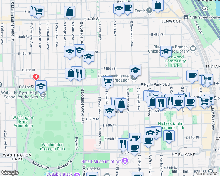 map of restaurants, bars, coffee shops, grocery stores, and more near 919 East Hyde Park Boulevard in Chicago