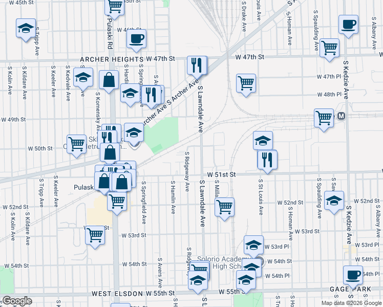 map of restaurants, bars, coffee shops, grocery stores, and more near 5013 South Ridgeway Avenue in Chicago