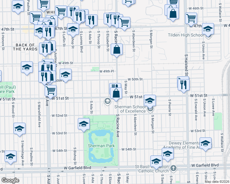 map of restaurants, bars, coffee shops, grocery stores, and more near 5042 S Racine Ave in Chicago