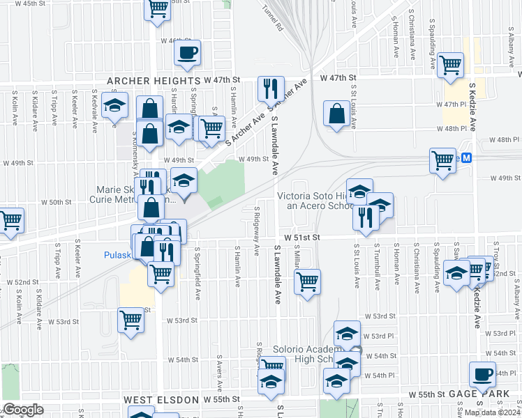 map of restaurants, bars, coffee shops, grocery stores, and more near 5013 South Ridgeway Avenue in Chicago