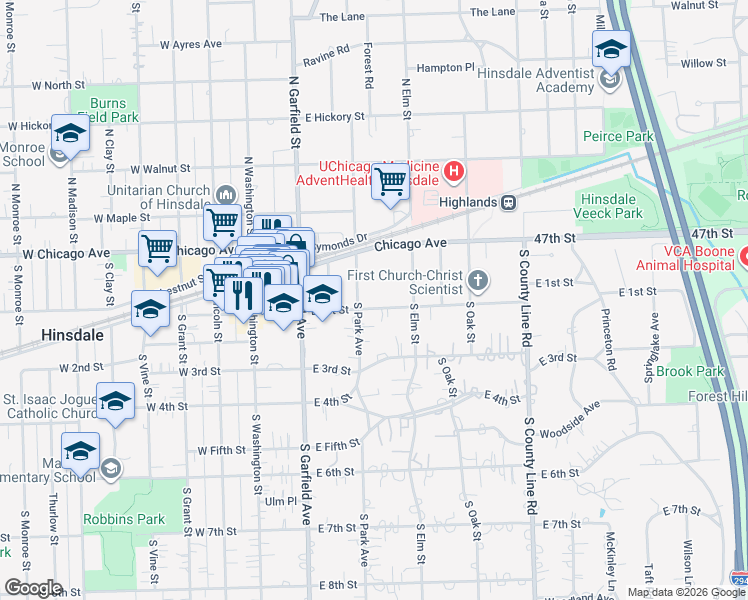 map of restaurants, bars, coffee shops, grocery stores, and more near 215 East 1st Street in Hinsdale