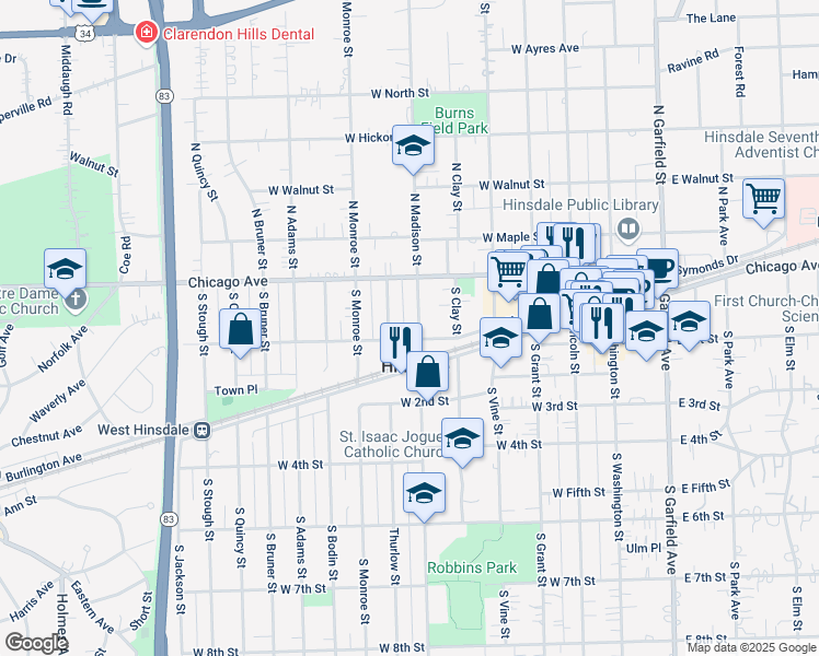map of restaurants, bars, coffee shops, grocery stores, and more near 38 South Madison Street in Hinsdale