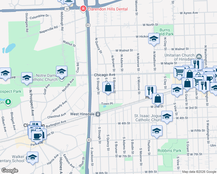 map of restaurants, bars, coffee shops, grocery stores, and more near 37 South Quincy Street in Hinsdale