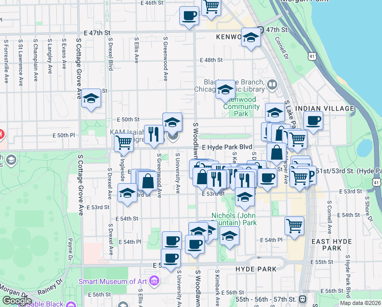 map of restaurants, bars, coffee shops, grocery stores, and more near East Hyde Park Boulevard in Chicago