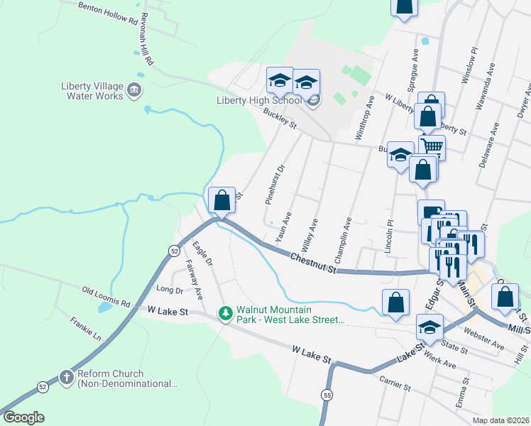 map of restaurants, bars, coffee shops, grocery stores, and more near 285 Chestnut Street in Liberty
