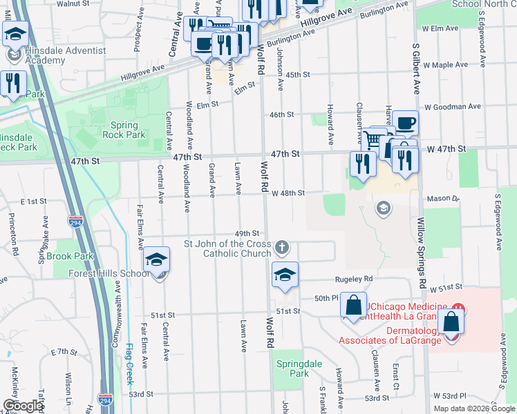 map of restaurants, bars, coffee shops, grocery stores, and more near 4812 Wolf Road in Western Springs