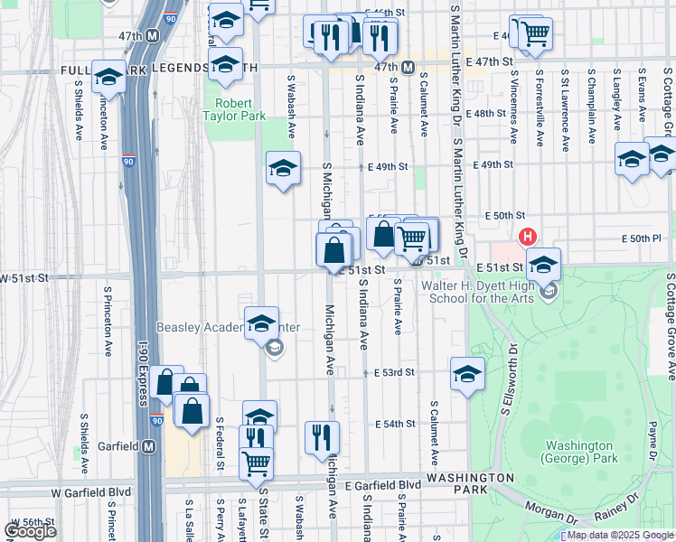 map of restaurants, bars, coffee shops, grocery stores, and more near 126 East 51st Street in Chicago