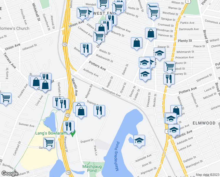 map of restaurants, bars, coffee shops, grocery stores, and more near 610 Huntington Avenue in Providence