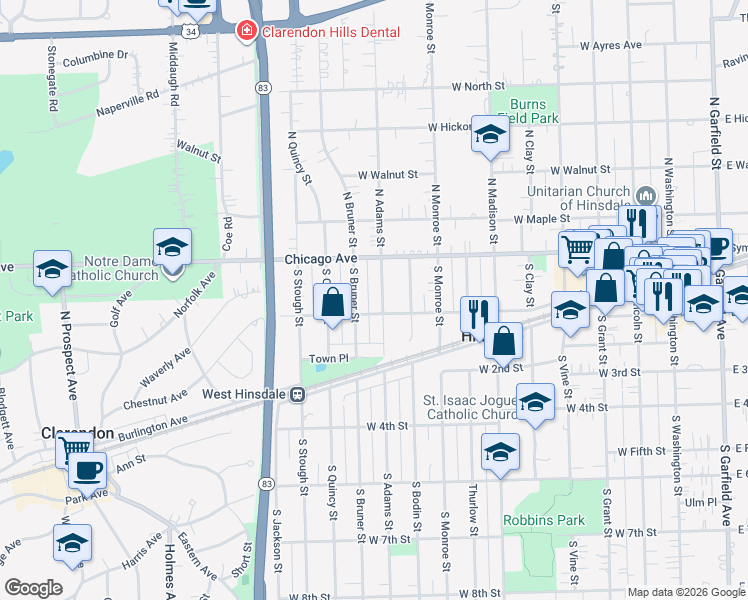 map of restaurants, bars, coffee shops, grocery stores, and more near 40 South Adams Street in Hinsdale