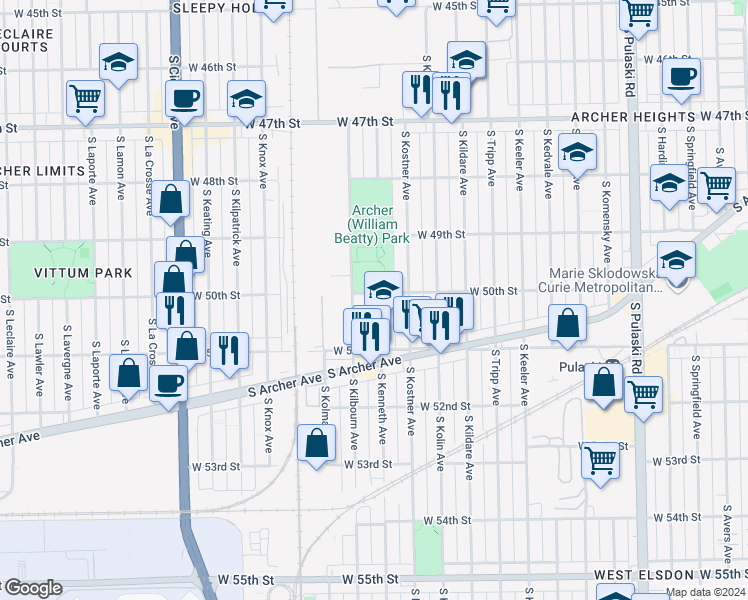 map of restaurants, bars, coffee shops, grocery stores, and more near 5004 South Kenneth Avenue in Chicago