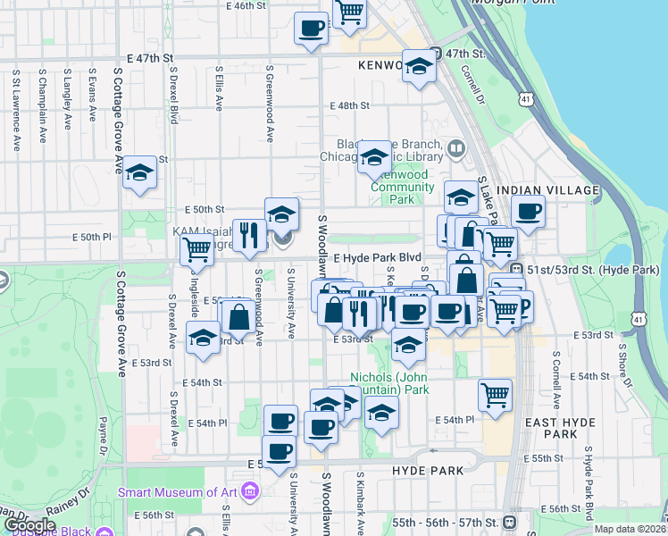 map of restaurants, bars, coffee shops, grocery stores, and more near 1215 East Hyde Park Boulevard in Chicago