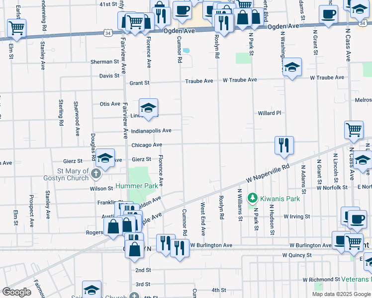 map of restaurants, bars, coffee shops, grocery stores, and more near 4701 Cumnor Road in Downers Grove