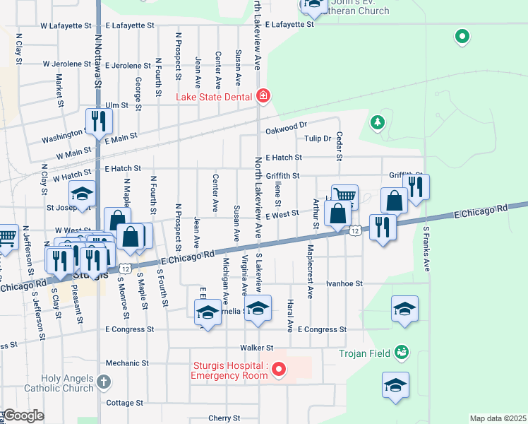 map of restaurants, bars, coffee shops, grocery stores, and more near 68587 South Lakeview Street in Sturgis