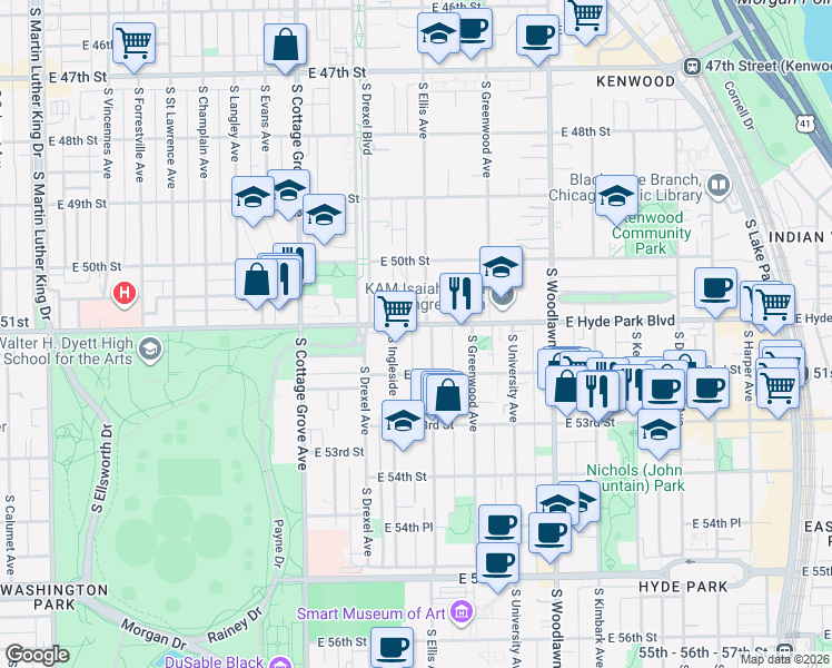 map of restaurants, bars, coffee shops, grocery stores, and more near 951 East Hyde Park Boulevard in Chicago