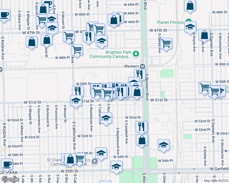 map of restaurants, bars, coffee shops, grocery stores, and more near 5028 South Maplewood Avenue in Chicago