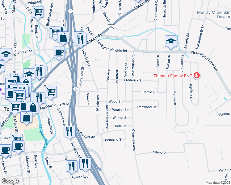 map of restaurants, bars, coffee shops, grocery stores, and more near 212 Barton Street in Torrington
