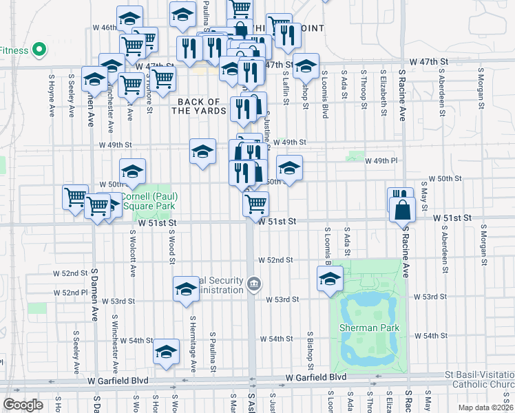 map of restaurants, bars, coffee shops, grocery stores, and more near 5037 South Ashland Avenue in Chicago
