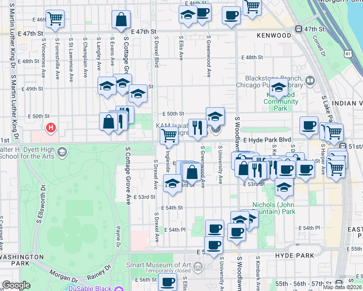 map of restaurants, bars, coffee shops, grocery stores, and more near 5100-5120 South Ellis Avenue in Chicago