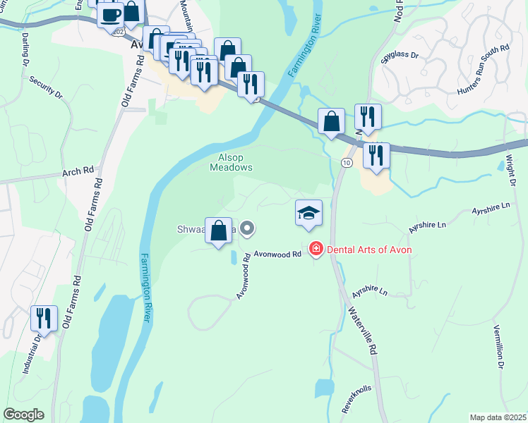 map of restaurants, bars, coffee shops, grocery stores, and more near 22 Rivermead in Avon