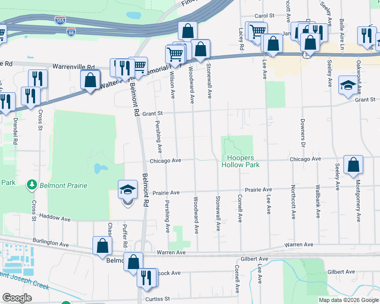 map of restaurants, bars, coffee shops, grocery stores, and more near 4626 Woodward Avenue in Downers Grove