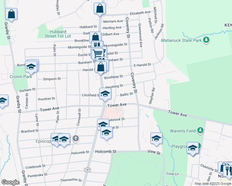 map of restaurants, bars, coffee shops, grocery stores, and more near 36 Lebanon Street in Hartford