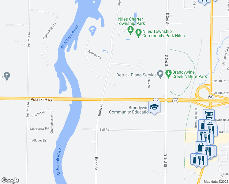 map of restaurants, bars, coffee shops, grocery stores, and more near 1711 Bond Street in Niles