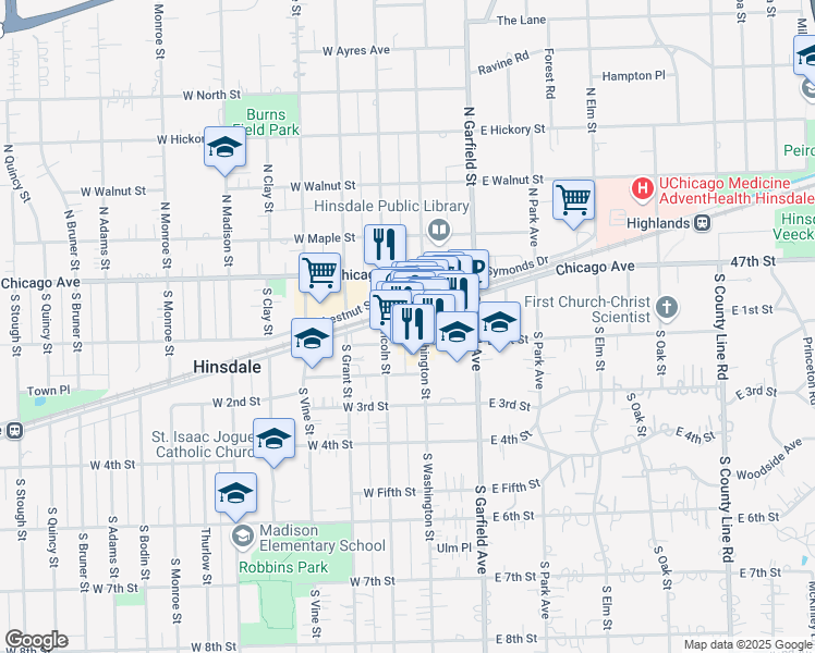 map of restaurants, bars, coffee shops, grocery stores, and more near 44 West Hinsdale Avenue in Hinsdale