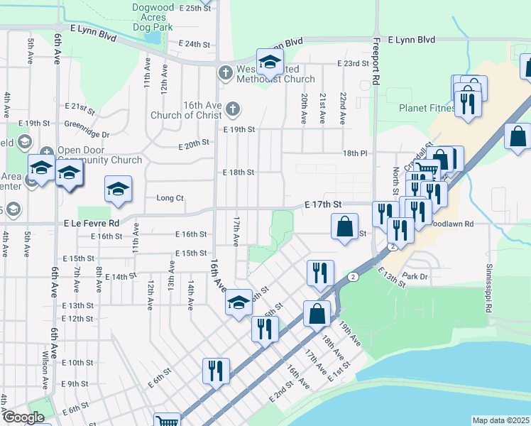 map of restaurants, bars, coffee shops, grocery stores, and more near 1805 East Le Fevre Road in Sterling