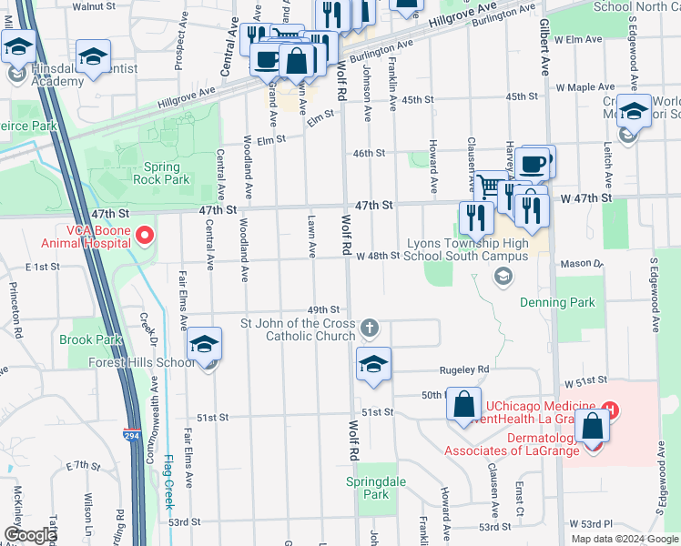 map of restaurants, bars, coffee shops, grocery stores, and more near 4812 Wolf Road in Western Springs