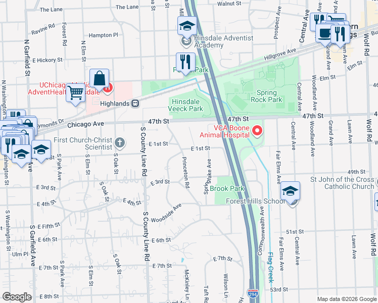 map of restaurants, bars, coffee shops, grocery stores, and more near 101 Princeton Road in Hinsdale