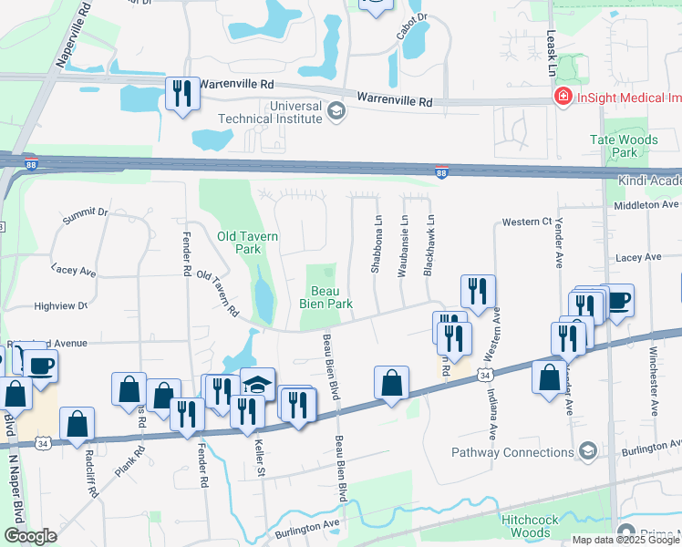 map of restaurants, bars, coffee shops, grocery stores, and more near 4516 Black Partridge Lane in Lisle