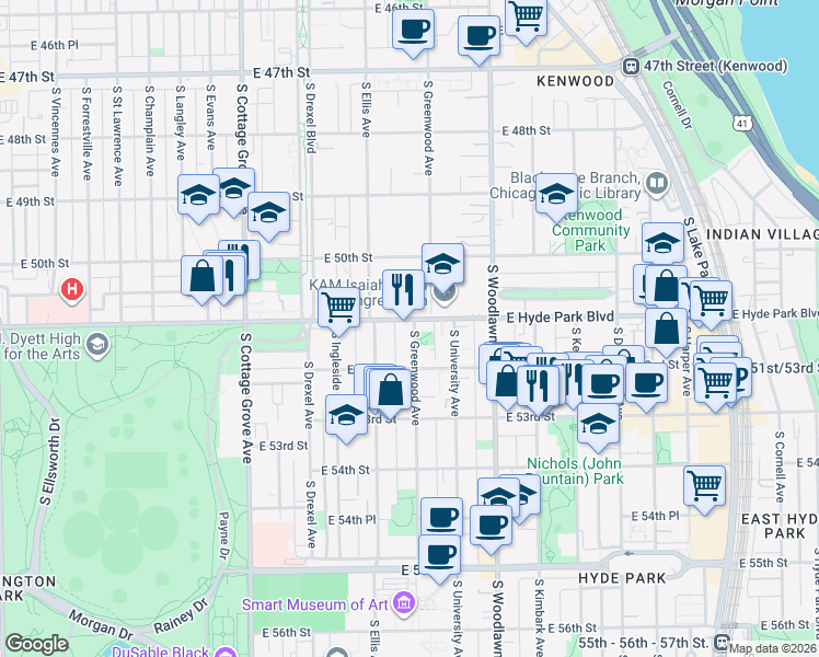 map of restaurants, bars, coffee shops, grocery stores, and more near 1031 East Hyde Park Boulevard in Chicago