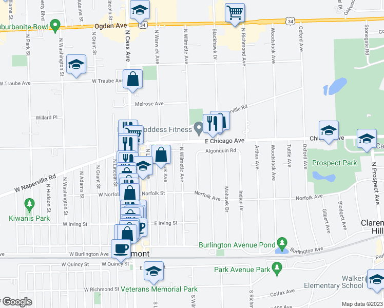 map of restaurants, bars, coffee shops, grocery stores, and more near 4 Hiawatha Drive in Clarendon Hills