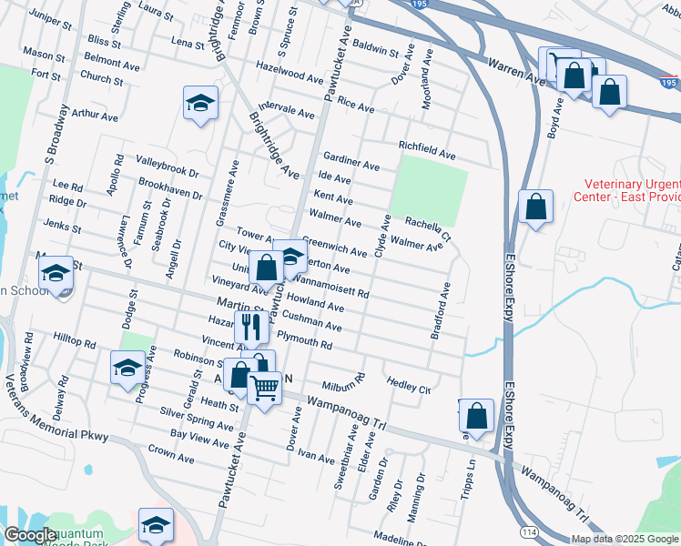 map of restaurants, bars, coffee shops, grocery stores, and more near 57 Allerton Avenue in East Providence