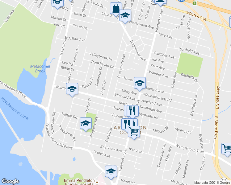 map of restaurants, bars, coffee shops, grocery stores, and more near 210 Grassmere Avenue in East Providence