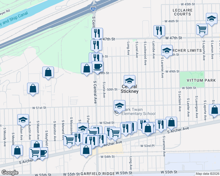 map of restaurants, bars, coffee shops, grocery stores, and more near 4960 South Linder Avenue in Chicago