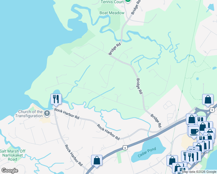 map of restaurants, bars, coffee shops, grocery stores, and more near 290 Windjammer Lane in Eastham