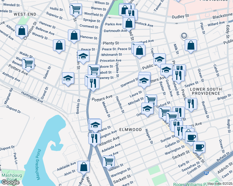 map of restaurants, bars, coffee shops, grocery stores, and more near 419 Potters Avenue in Providence